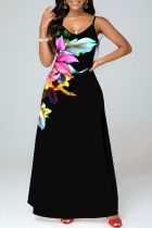 Zwarte rechte jurken met patchwork-print en spaghettibandjes