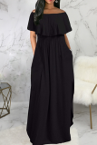 Черные модные однотонные платья-юбки с оборками и открытыми плечами