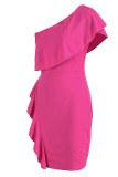 Vestidos de falda de un paso con cuello oblicuo con volantes de patchwork liso elegante rojo rosa