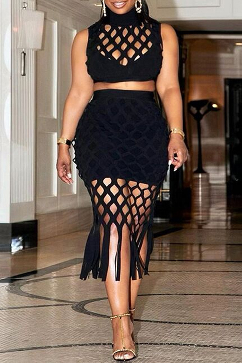 

Black Plus Size Fashion Sexy Solid Hollowed Out Turtleneck Two Pieces