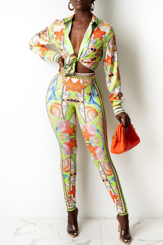 Green Fashion Casual Print Basic Turndown Collar Long Sleeve Two Pieces