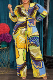 Amarelo moda casual estampa patchwork decote em v plus size duas peças