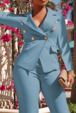 Blue Fashion Solid Buckle Turndown Collar Long Sleeve Two Pieces