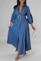 Синее повседневное однотонное платье-рубашка в стиле пэчворк с поясом и отложным воротником Платья Платья