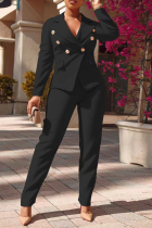 Black Fashion Solid Buckle Turndown Collar Long Sleeve Two Pieces