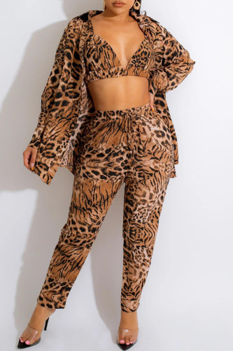 Tiger Pattern Fashion Casual Print Cardigan Vests Pants Turn-back Collar Long Sleeve Two Pieces