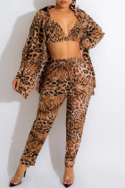 Modello di tigre Moda Casual Stampa Cardigan Gilet Pantaloni Colletto con risvolto Manica lunga Due pezzi