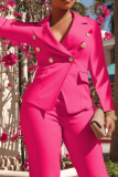 ピンク ファッション ソリッド バックル ターンダウン カラー ロング スリーブ ツーピース