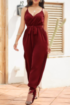 Bourgondische Mode Solid Patchwork Spaghetti Band Harlan Jumpsuits