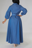 Fivela de patchwork sólido casual azul com cinto gola virada para baixo vestidos de camisa
