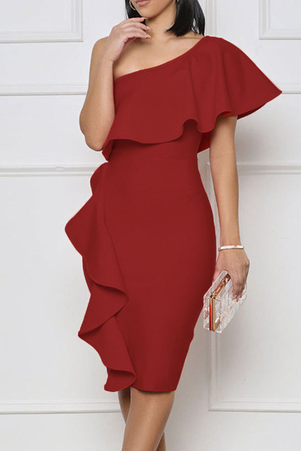 Rojo elegante sólido patchwork volante cuello oblicuo un paso falda vestidos