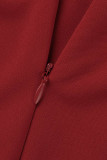 Rote, elegante, solide Patchwork-Volants mit schrägem Kragen und One-Step-Rock-Kleidern