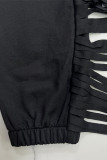 Negro casual calle sólido borla patchwork cuello con capucha manga larga dos piezas