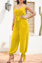 Yellow Fashion Solid Patchwork Spaghetti Strap Harlan Jumpsuits