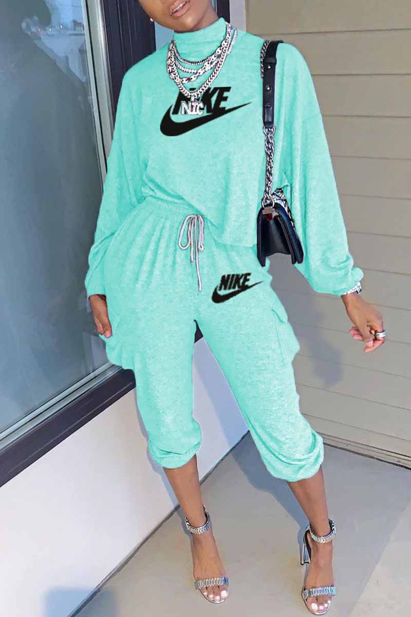 

Baby Blue Fashion Casual Print Letter O Neck Long Sleeve Two Pieces