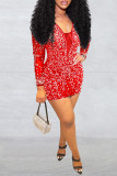 Röd Mode Sexig Patchwork Hot Drilling Genomskinlig V-hals långärmade klänningar