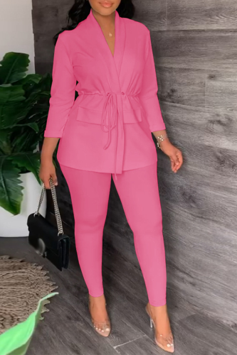 Pink Fashion Solid Bandage Turndown Collar Long Sleeve Two Pieces