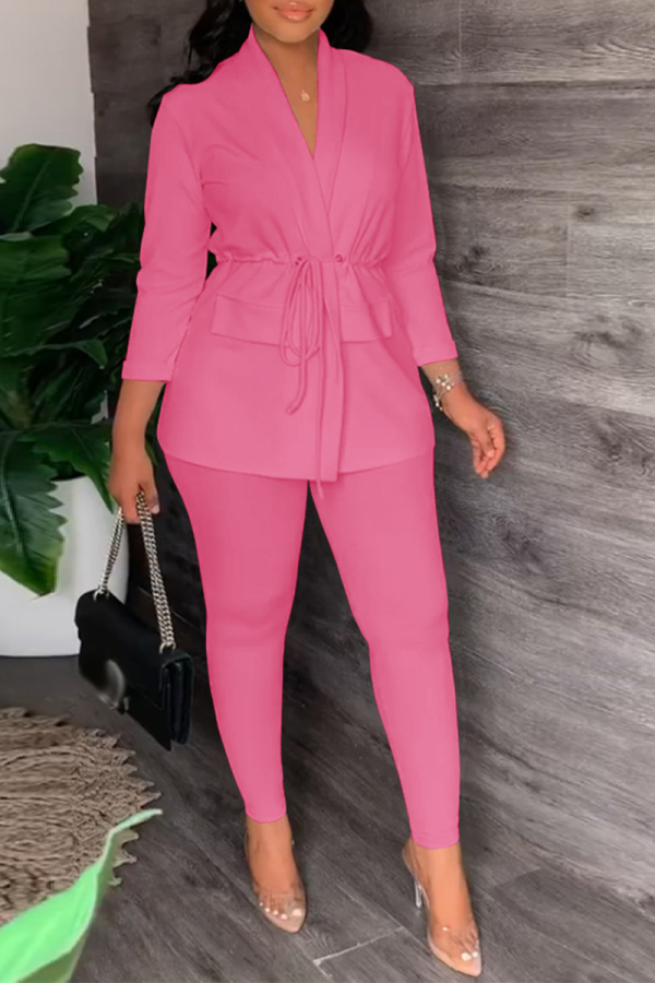 ピンク ファッション ソリッド バンデージ ターンダウン カラー ロング スリーブ ツーピース