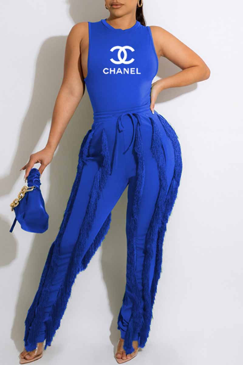 

Blue Fashion Elegant Print Tassel Patchwork O Neck Sleeveless Two Pieces