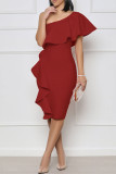 Vestidos de saia de um passo com gola oblíqua de retalhos sólidos e elegantes vermelhos
