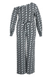 Donkerbruin Casual Print Bandage Patchwork Schuine Kraag Plus Size Jumpsuits