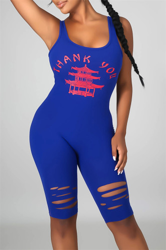Blue Sexy Casual Print Ripped U Neck Skinny Romper