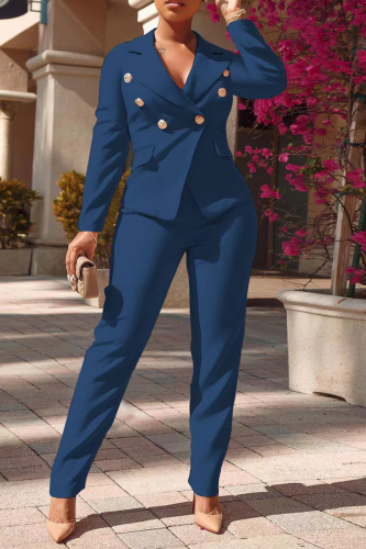Blue Fashion Solid Buckle Turndown Collar Long Sleeve Two Pieces