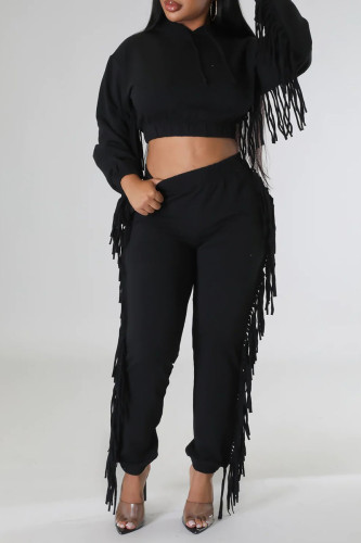 Black Casual Street Solid Tassel Patchwork Hooded Collar Long Sleeve Two Pieces