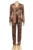 Coletes de cardigan com estampa de leopardo moda casual estampado calças gola virada para trás manga longa duas peças