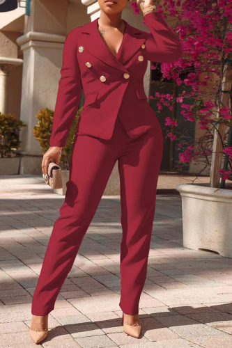 Burgundy Fashion Solid Buckle Turndown Collar Long Sleeve Two Pieces