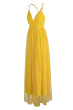 Желтое сексуальное однотонное лоскутное вечернее платье на тонких бретельках Платья