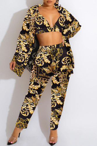 Black Yellow Fashion Casual Print Cardigan Vests Pants Turn-back Collar Long Sleeve Two Pieces