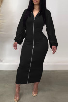 ブラック カジュアル ソリッド パッチワーク フォールド ジッパー ジッパー カラー ワンステップ スカート ドレス