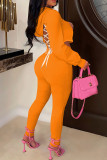 Orange Fashion Casual Letter Print Bandage Backless Hooded Collar Long Sleeve Two Pieces