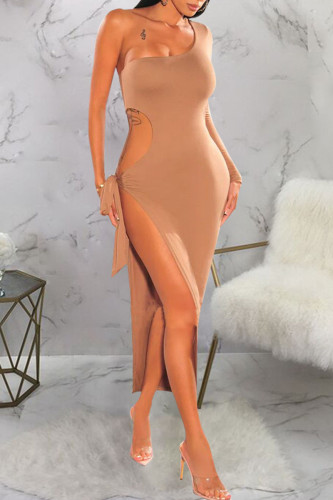 Apricot Sexy Solid Bandage Hollowed Out Patchwork Slit Oblique Collar Pencil Skirt Dresses