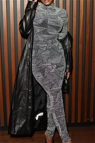 Silver Fashion Casual Patchwork Basic Half A Turtleneck Long Sleeve Two Pieces