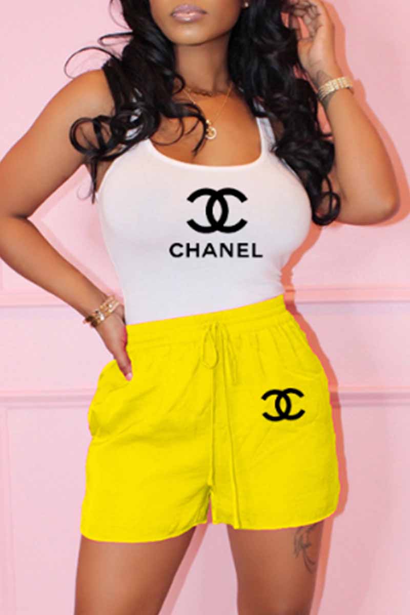 

Yellow Fashion Casual Print Letter U Neck Sleeveless Two Pieces