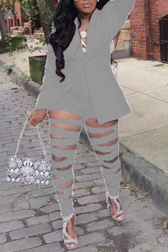 Grey Sexy Street Solid Hollowed Out Patchwork Buttons Turn-back Collar Two Pieces