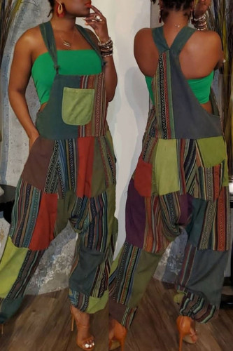 Multicolor Casual Street Bohemian Print Patchwork Spaghetti Strap Loose Jumpsuits