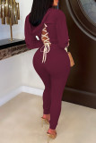 Burgundy Fashion Casual Letter Print Bandage Backless Hooded Collar Long Sleeve Two Pieces