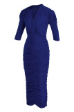 ブルーファッションカジュアルソリッドフォールドVネックワンステップスカートドレス