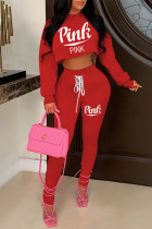 Red Fashion Casual Letter Print Bandage Backless Hooded Collar Long Sleeve Two Pieces