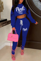 Blue Fashion Casual Letter Print Bandage Backless Hooded Collar Long Sleeve Two Pieces