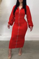 Vestidos de falda de un paso con cuello de cremallera y cremallera con pliegues de retazos sólidos informales rojos