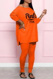 Orange Fashion Casual Letter Print Slit O Neck Long Sleeve Two Pieces