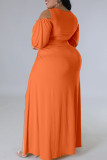 Оранжевый сексуальный однотонный пэчворк с разрезом и V-образным вырезом размера плюс из двух предметов