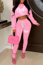 Pink Fashion Casual Letter Print Bandage Backless Hooded Collar Long Sleeve Two Pieces
