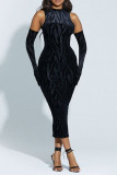 Black Fashion Sexy Print Patchwork See-through O Neck Pencil Skirt Dresses