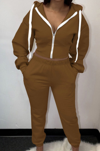 Coffee Casual OL Long Sleeve Crop Sweatshirt And Pants Sportwear Two Piece Jogger Set