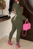 Light Green Fashion Casual Letter Print Bandage Backless Hooded Collar Long Sleeve Two Pieces